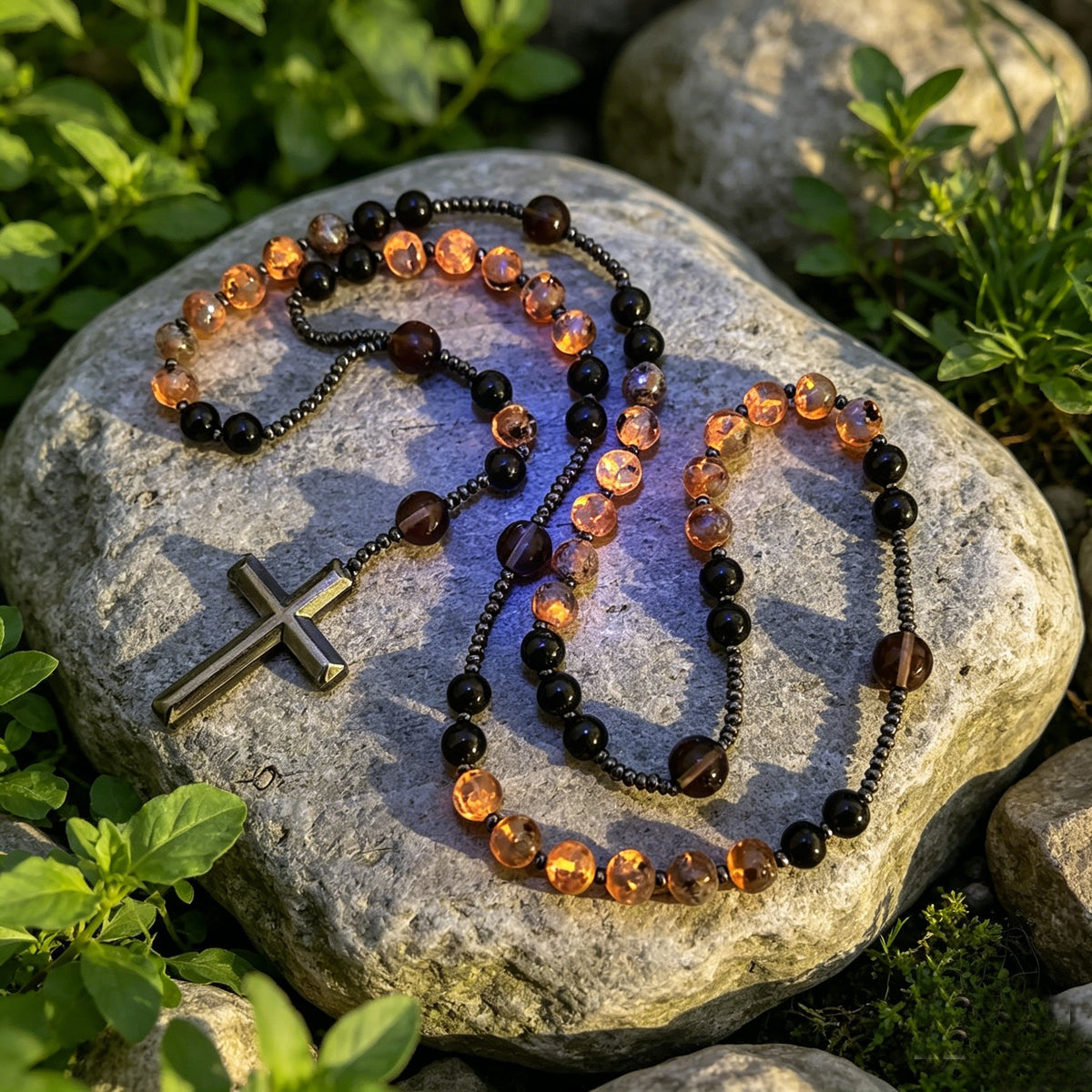 Collar de Rosario de Obsidiana natural Yooperlita con Colgante de Cruz de Piedra de Hematita