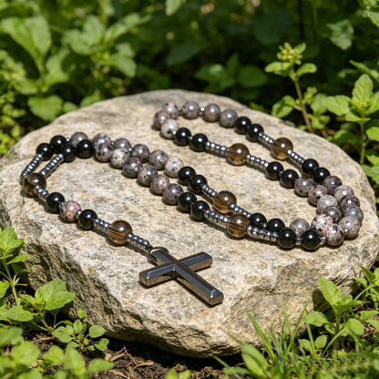 Collar de Rosario de Obsidiana natural Yooperlita con Colgante de Cruz de Piedra de Hematita
